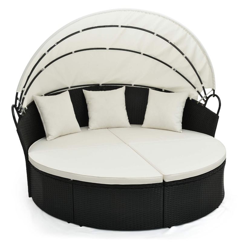 Costway - Patio Round Daybed with Retractable Canopy Rattan Sectional Seating - Off White