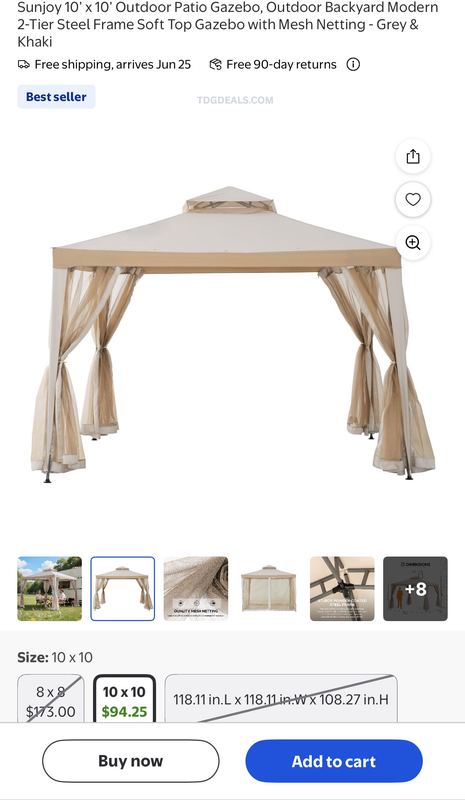 $95 Sunjoy 10’ x 10’ Outdoor Patio Gazebo