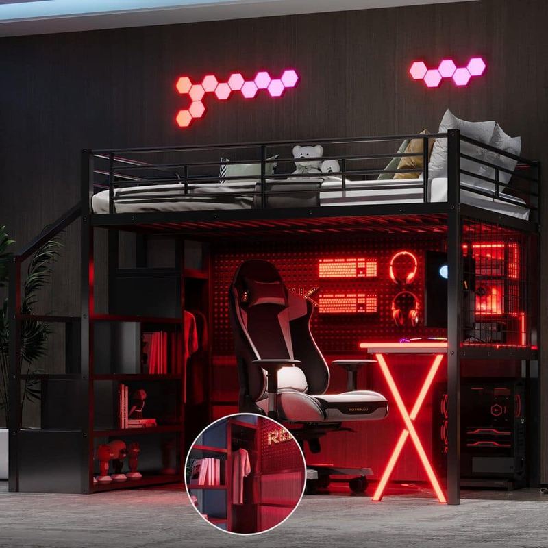 Nestfair - Black Full Size Metal Loft Bed with Work Station, Wardrobe, Storage Staircase and LED