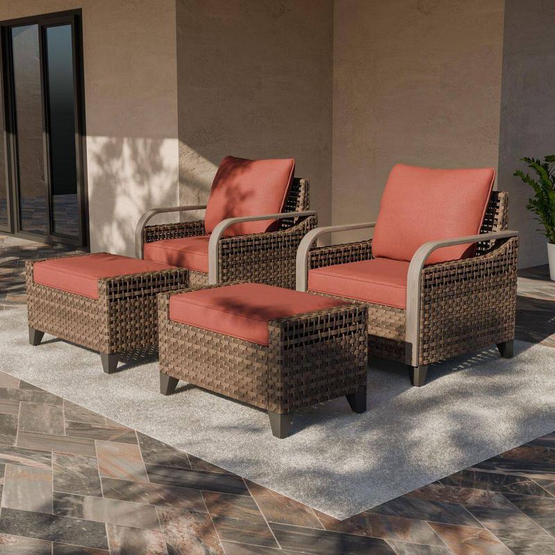 EAGLE PEAK - 4-Piece Brown Wicker Outdoor Lounge Chair with Red Cushions with Ottomans