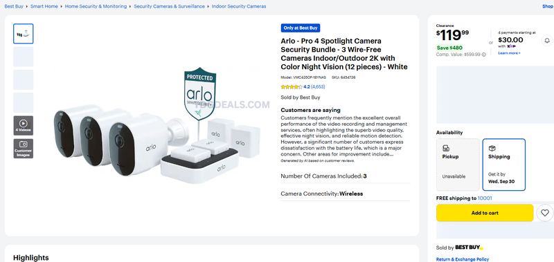 Arlo Pro 4 3-Camera Bundle — $119.99 at Best Buy! 2K video.