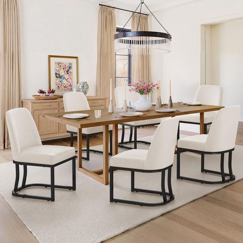 OrangeOne - JOVONE 33.1 in. Tall Beige and Black Dining Chair Fabric Curved Backrest Kitchen Chair with Metal Legs Set of 6