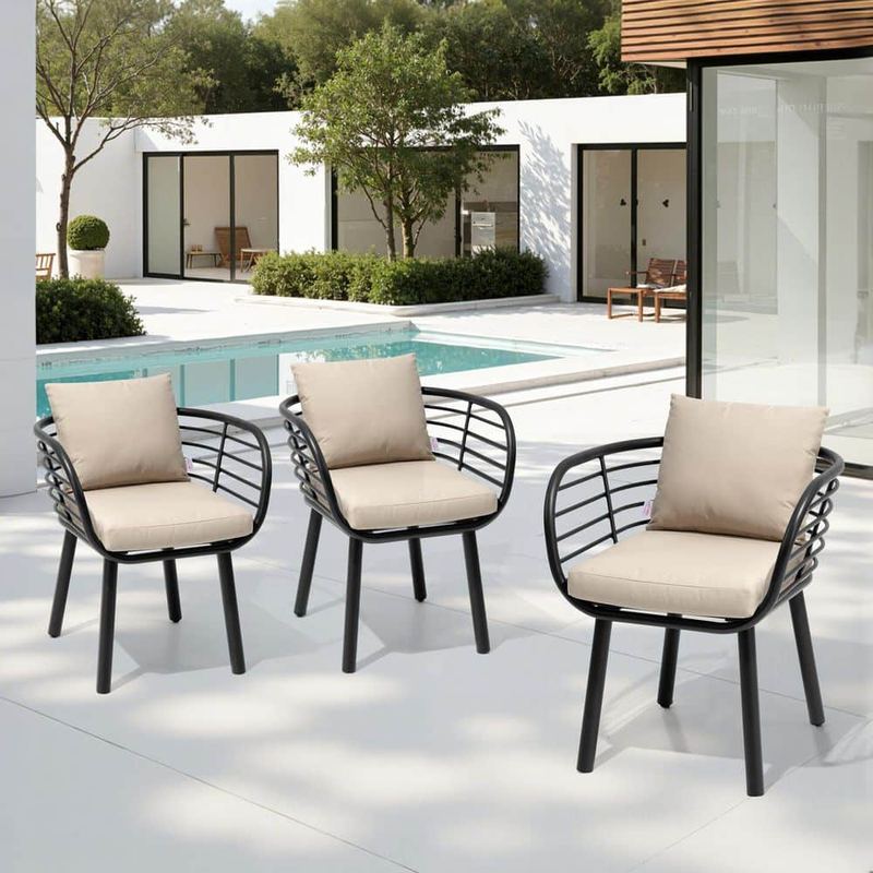Pellebant - High-Grade Aluminum Outdoor Dining Chair with Sunbrella Cushion in Canvas Antique Beige (Set of 3)