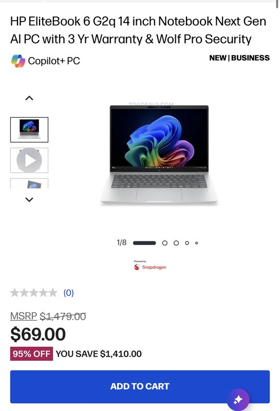 RUN DEAL: HP EliteBook 6 G2q 14" Copilot+ AI Laptop is showing for just $69 (reg. $1,479) — a massive 95% off.
