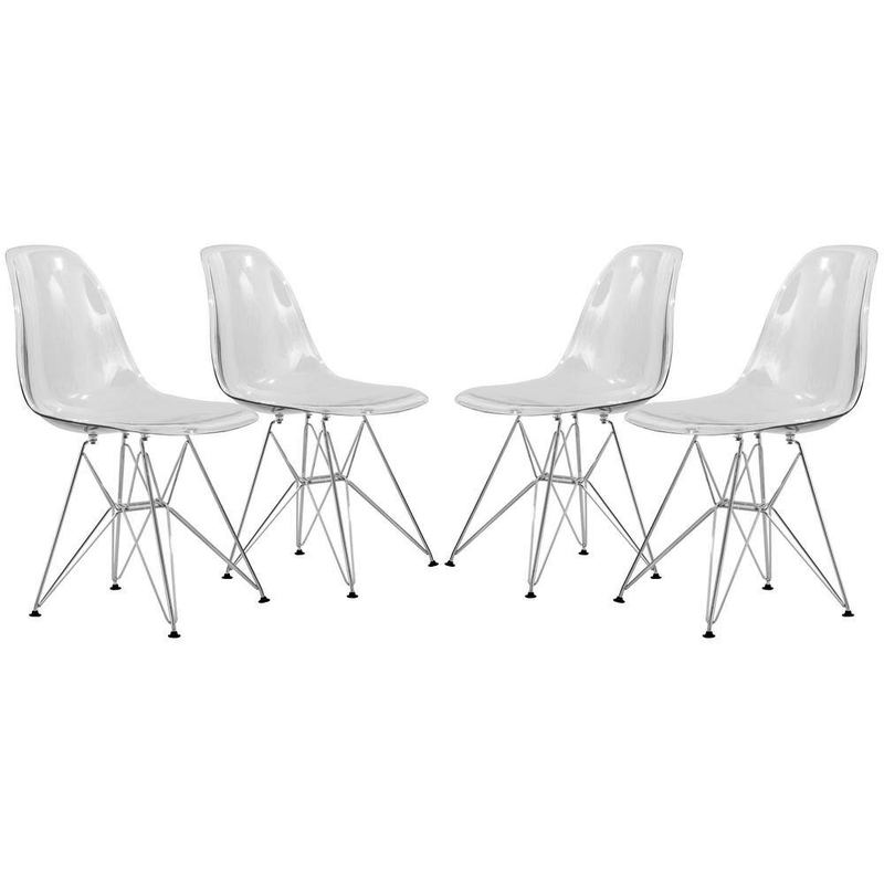 Leisuremod - Cresco Modern Plastic Molded Dining Side Chair With Eiffel Chrome Legs Clear Set of 4