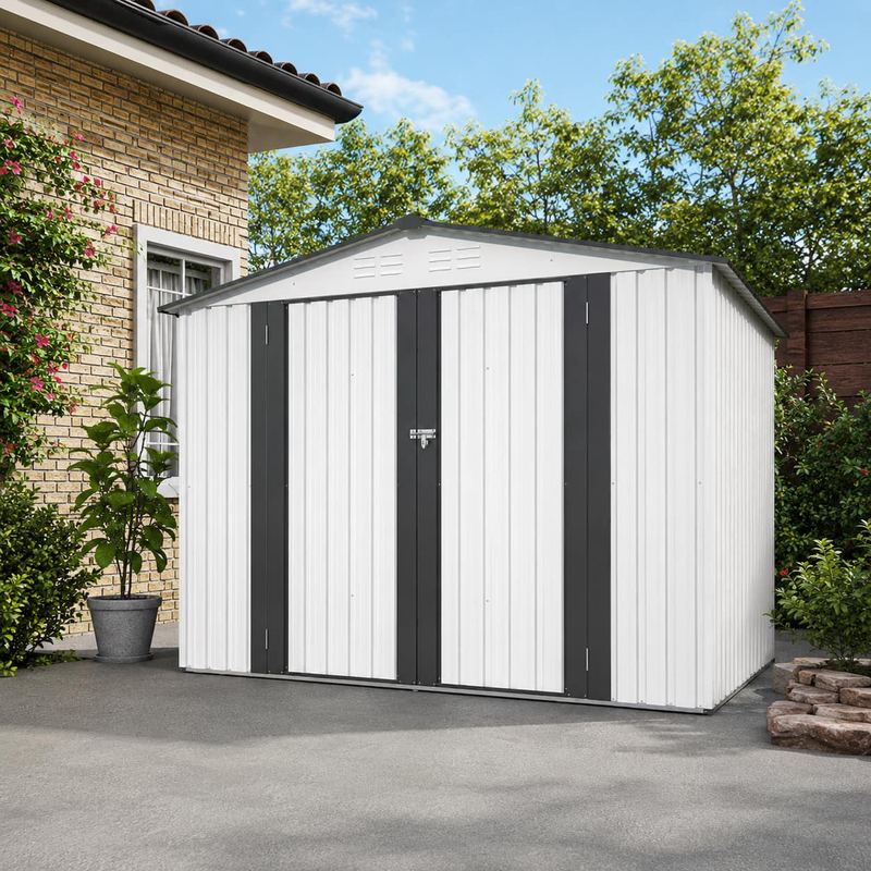 Anysun - 8 x 6 ft Outdoor Storage Shed – All-Weather Metal Shed with 2 Lockable Doors, Tool Shed for Garden, Backyard, Lawn - White