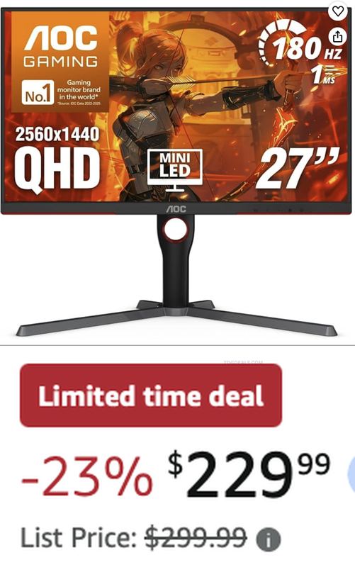 $229.99 AOC 27IN QHD 180HZ MINI-LED MONITOR