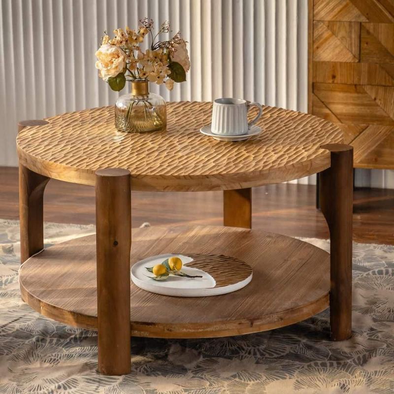 Clihome - 34.65 in. Natural Round Solid Wood Coffee Table, Solid Wood 2-Tier Living Room Table with Storage Shelf