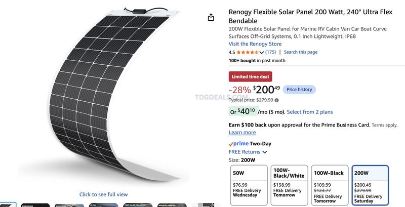 $279.99 RENOGY 200W FLEXIBLE SOLAR PANEL NOW $200.49