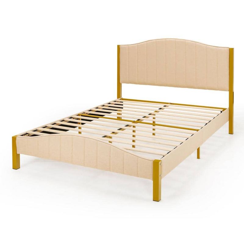 Costway - Gold Metal Frame Upholstered Queen Size Platform Bed Frame Mattress Foundation with Platform Quilted Headboard