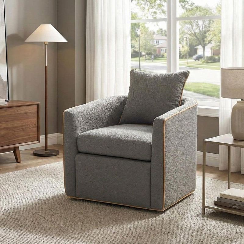 CHRISTOPHER KNIGHT HOME - Sovren Modern Light Grey Polyester Fabric Upholstered Barrel Swivel Accent Arm Chair with Pillow