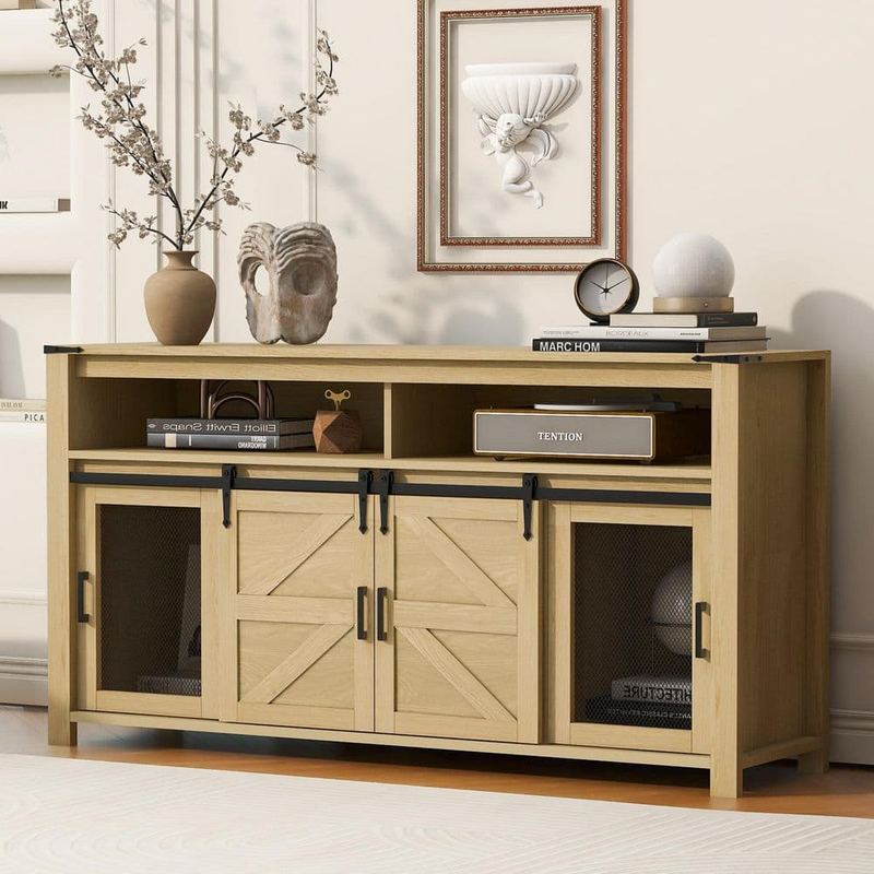 Harper & Bright Designs - Farmhouse 59.3 in. Natural Wood Sideboard Buffet with Sliding Barn Door and Mesh Panels