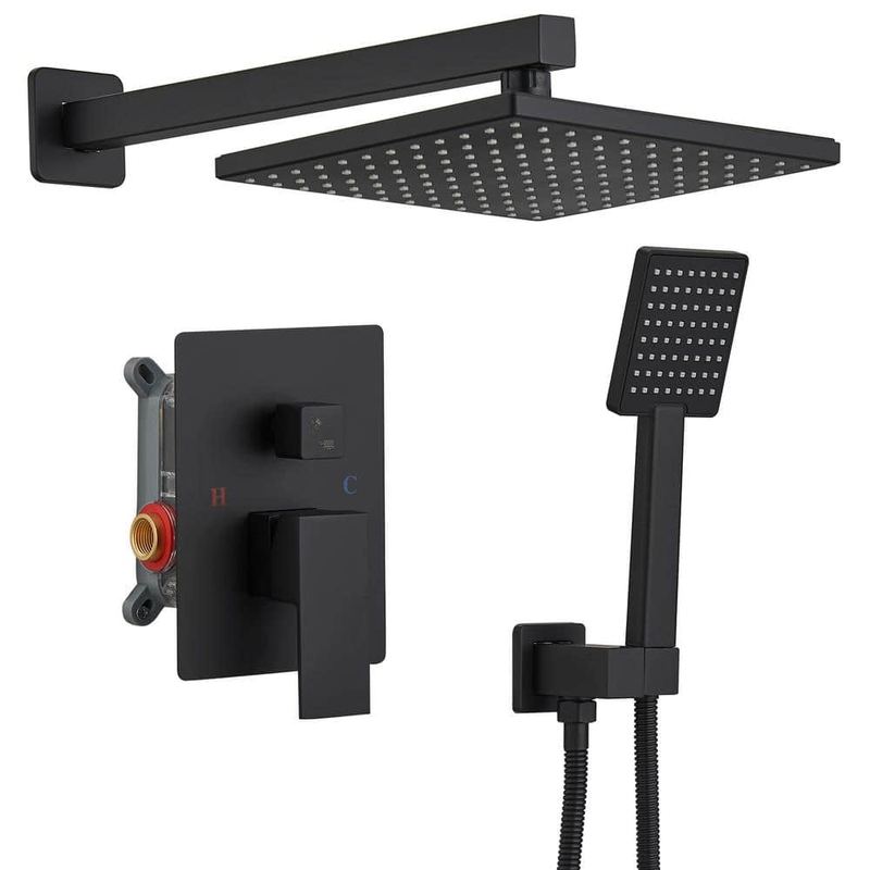 BWE - Rainfall Single Handle 2-Spray 9 in. Square Shower Faucet 2.5 GPM with High Pressure in. Matte Black (Valve Included)
