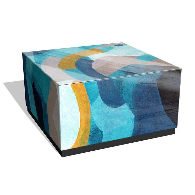 Empire Art Direct - "Puzzle Blues I" by June Erica Vess Printed Multi Color Art Glass Rectangle Cocktail Table with Plinth Base,36"x18''