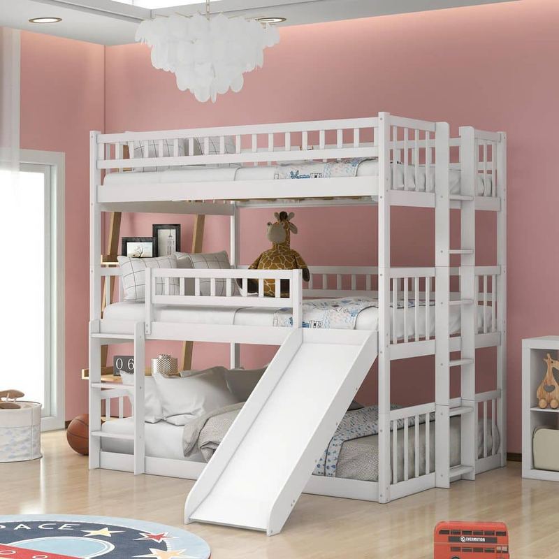 Harper & Bright Designs - Detachable Style White Full over Full over Full Triple Bunk Bed with Built-In Ladder and Slide