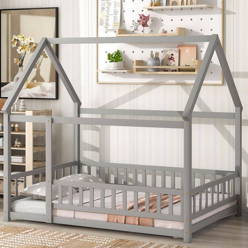Harper & Bright Designs - Gray Full Size Wooden House Bed with Fence Guardrails