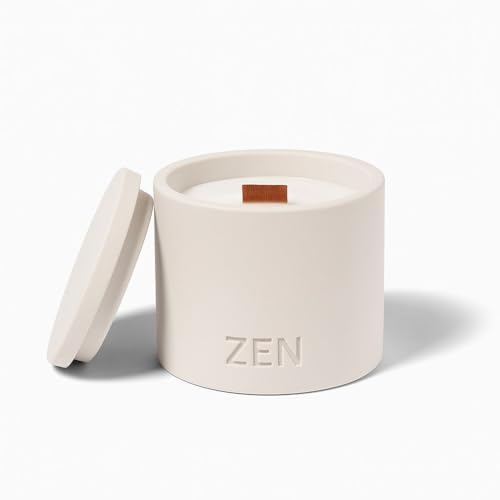 AZURI Zen Concrete Candle with Lid – Sandalwood Cedar Cardamom – 100% Beeswax, Minimalist Jar, Wooden Wick, Reusable Container Plant Pot Storage – Luxury-Inspired (Cream, Small, Santal)
