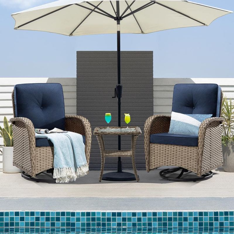 Gardenbee - 3-Pcs Light Brown Wicker Outdoor Rocking Chair Patio Conversation Set Swivel Chairs with Blue Cushions and Table