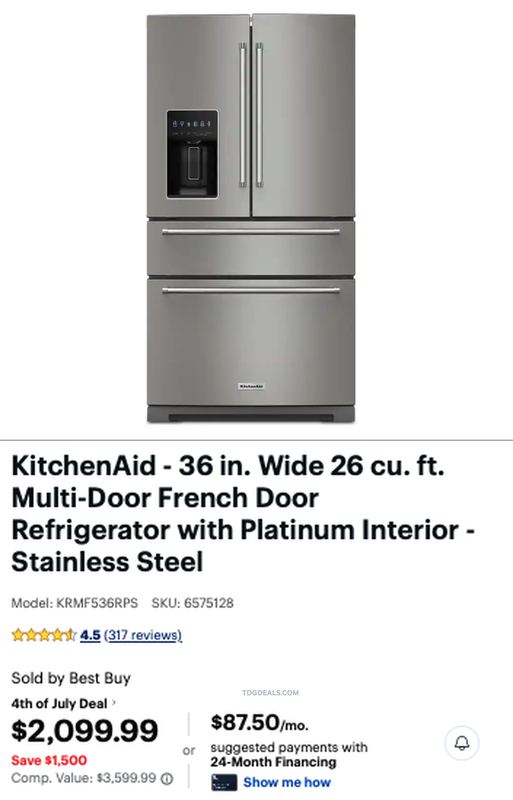 $1,500 OFF - KITCHENAID REFRIGERATOR NOW $2,099.99