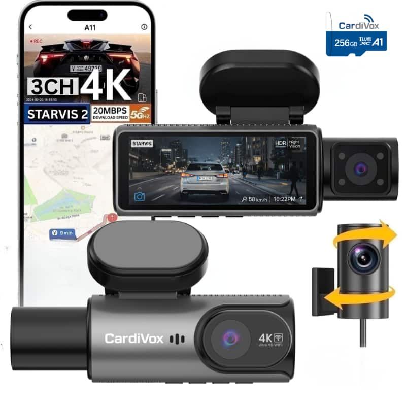 CardiVox - A21 3-Channel 4K Dash Cam, Sony STARVIS 2 IMX675, Dash Camera Built-in GPS & ADAS, 5G WiFi, Supercapacitor, 256GB.