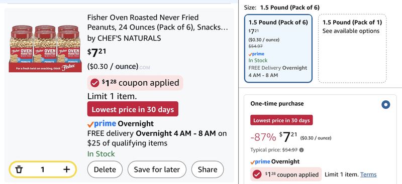 Fisher Oven Roasted Peanuts (24 oz, 6-Pack) just dropped to $7.21 after the coupon.