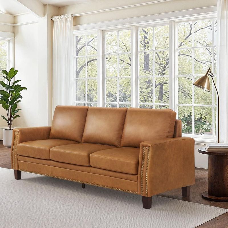 OrangeOne - Sampson 84 in. Genuine Leather Square Arms 3-Seat Sofa in Whisky Brown with Sturdy Wood Legs and Nailhead Trim