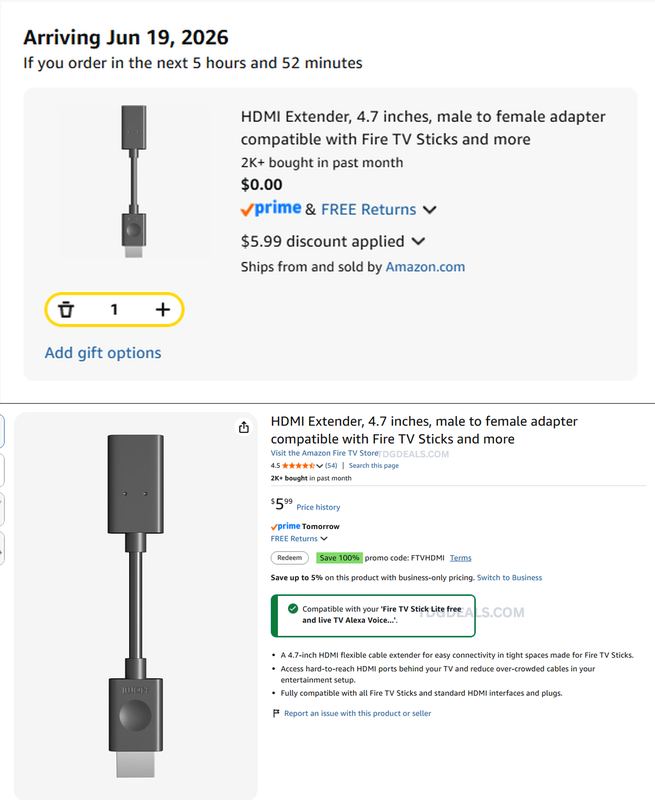 HDMI Extender, 4.7 inches, male to female adapter compatible with Fire TV Sticks and more