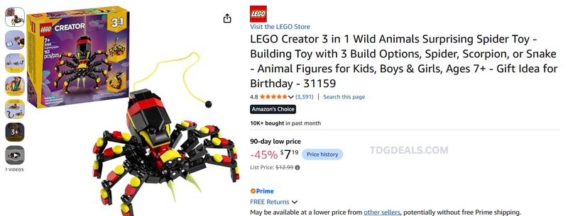 $12.99 LEGO CREATOR 3-IN-1 SPIDER for $7.19 on Amazon