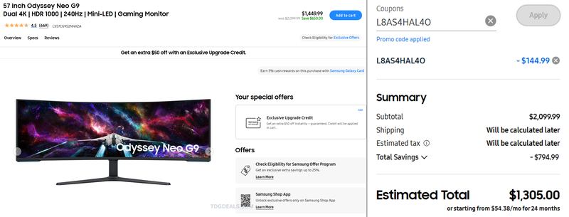 SAMSUNG ODYSSEY NEO G9 57" — $1,305