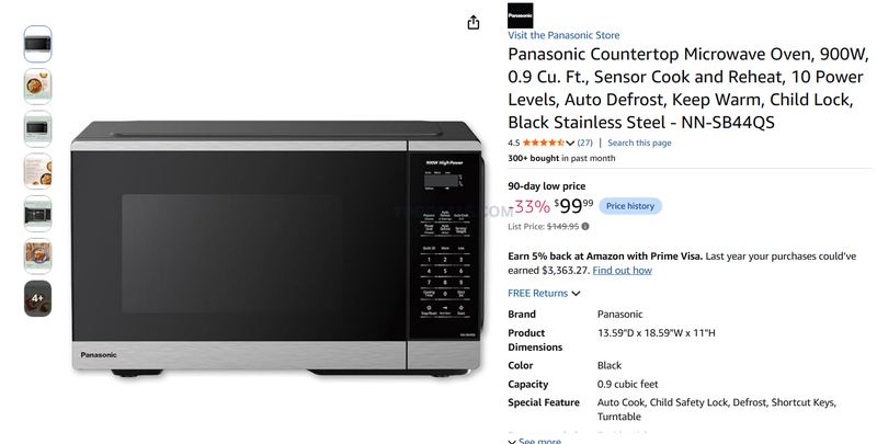 PANASONIC 0.9 CU FT COUNTERTOP MICROWAVE — $99.99