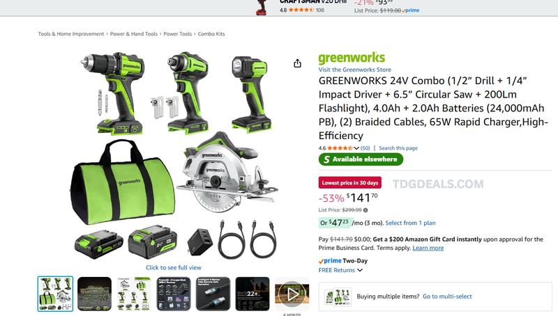 $299.99 Greenworks 24V 4-Tool Combo Kit for $141.70