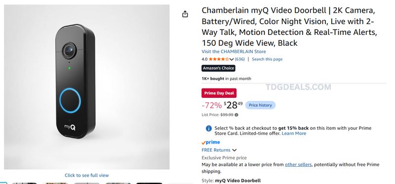 $28 Chamberlain myQ Video Doorbell  2K Camera, Battery/Wired, Color Night Vision, Live with 2-Way Talk, Motion Detection & Real-Time Alerts, 150 Deg Wide View, Black