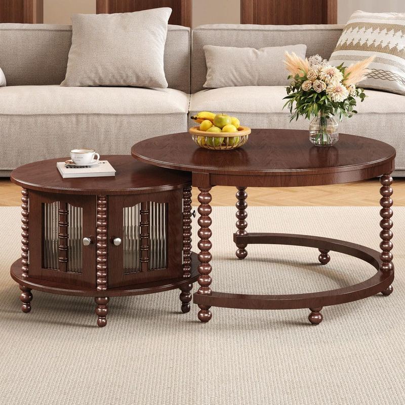 Harper & Bright Designs - Vintage 31.5 in. Walnut Wood Round Nesting End Table, 6-Glass Doors, Retro Beaded Legs