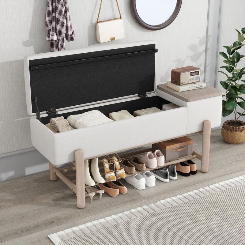 Harper & Bright Designs - 47.2 in. Natural Farmhouse Beige Upholstered Entryway Storage Bench with Lift Top Hidden Compartment, Slatted Shoe Rack