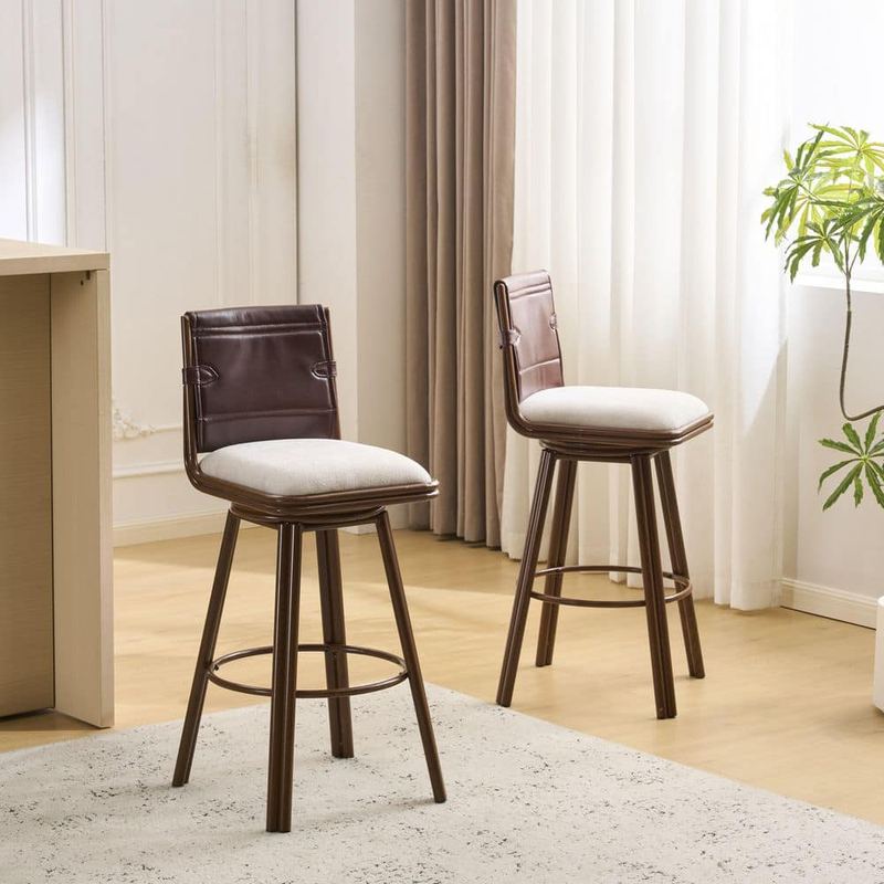 Polibi - 29 in. H Beige/Walnut Metal Bar Stool with Fabric Seat Set of 2
