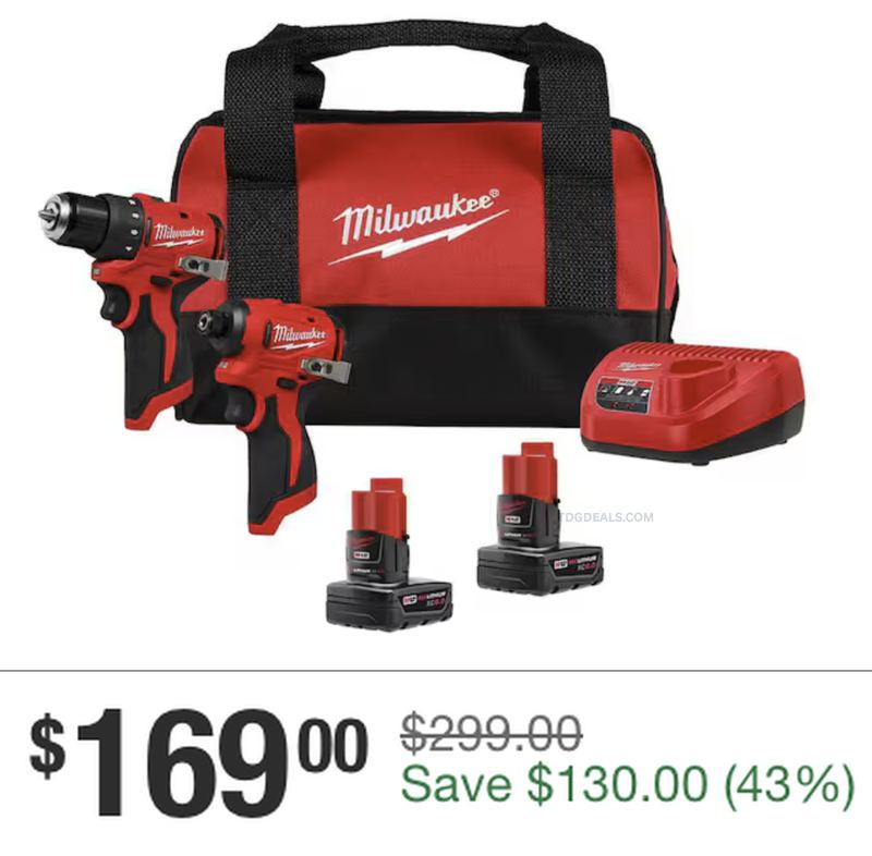$299 MILWAUKEE M12 DRILL + IMPACT DRIVER COMBO FOR $169
