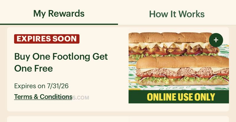 BOGO FREE FOOTLONG @ SUBWAY 🥪X2