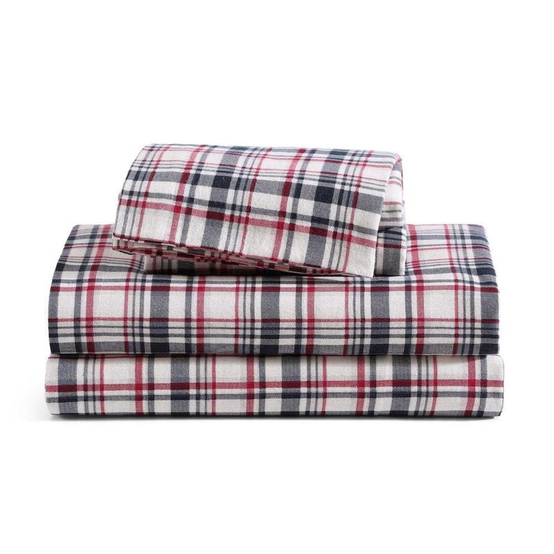 Tommy Hilfiger - Glenbrook Plaid 3-Piece Navy Blue/Garnet Red Flannel Twin Sheet Set