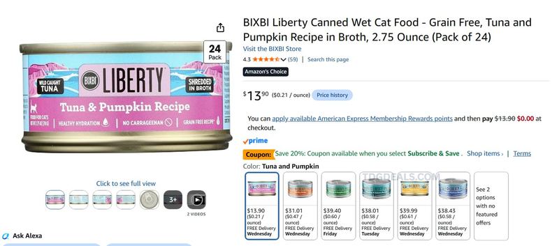 BIXBI LIBERTY CAT FOOD 24-PACK — $13.90