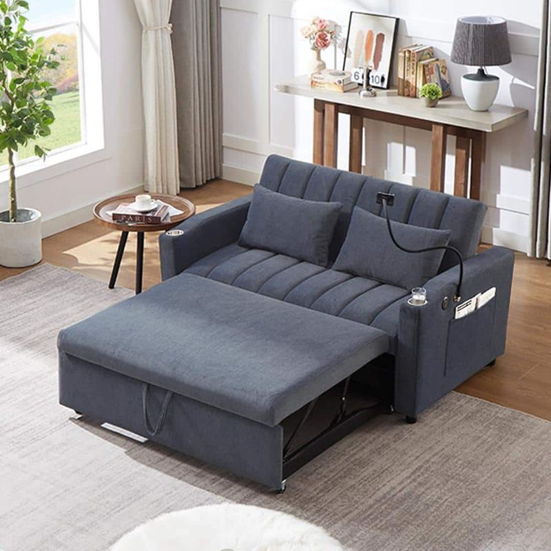 Qualler - 55.9 in. Dark Blue Fabric 2 Seats Loveseats with 3 USB Ports, 2 Cup Holders and Phone Holder