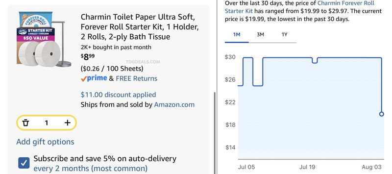 $29.97 CHARMIN ULTRA SOFT FOREVER ROLL STARTER KIT for $8.99