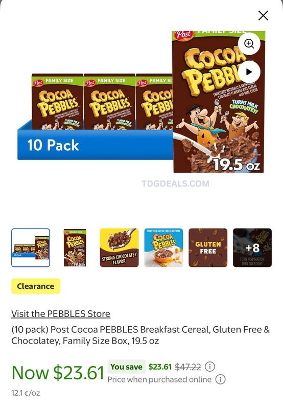 10-Pack Post Cocoa Pebbles Family Size Cereal (19.5 oz each) is on clearance for just $23.61 at Walmart (reg. $47.22)!