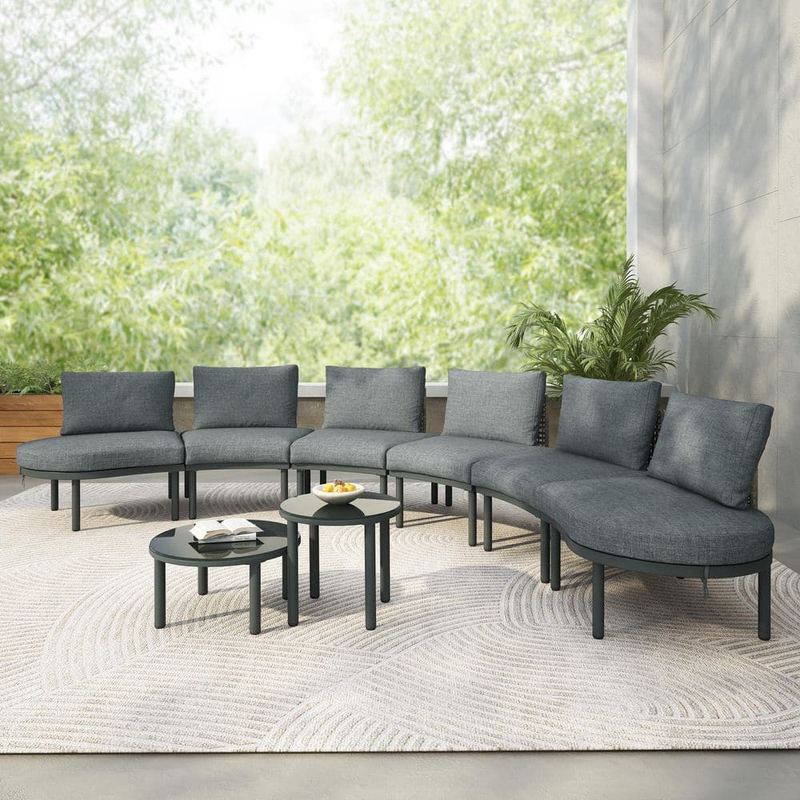 Harper & Bright Designs - Half Moon 8-Piece Aluminum Outdoor Sectional Set with Gray Cushions, 2 High-Low Coffee Tables, PE Wicker Rattan