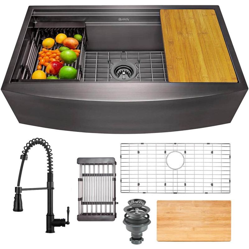 AKDY - All-in-One Matte Black Finished Stainless Steel 33 in. x 20 in. Farmhouse Apron Mount Kitchen Sink with Faucet