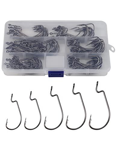 Facikono 125pcs Offset Worm Hooks Set, Extra Wide Gap Bass Fishing Hooks Assortment, High Carbon Steel Sharp Pointed Hooks Jig Fish Hooks, Sizes 1/0-5/0 (Worm Hooks Set, Pack of 135)
