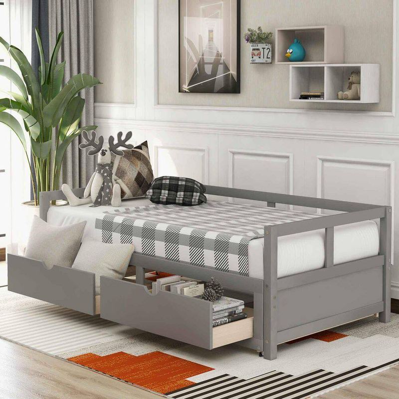 Polibi - Gray Twin Daybed with Trundle Bed and 2 Storage Drawers