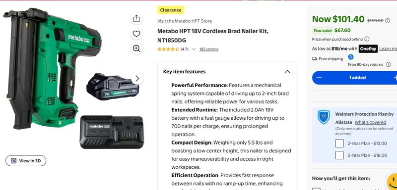 $169.00 - Metabo HPT 18V Cordless Brad Nailer Kit, NT1850DG
