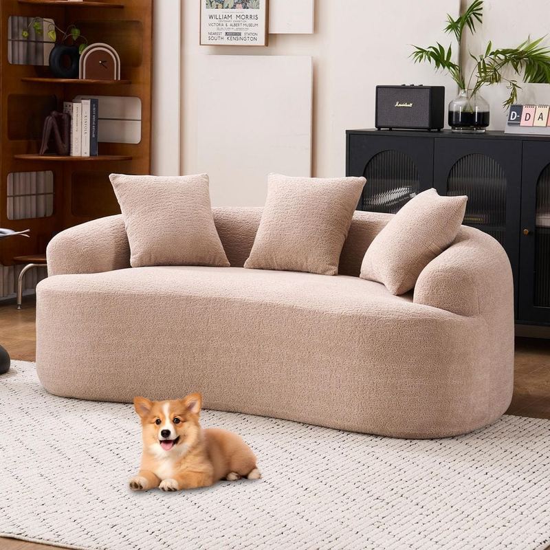 Qualler - 65 in. Flared Arms Chenille Curved Full Compression Sponge Loveseat Sofa in. Apricot Cream