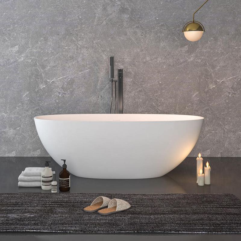 VANITYFUS - 65 in. Stone Resin Flatbottom Solid Surface Freestanding Not Whirlpool Soaking Bathtub in White with Drain