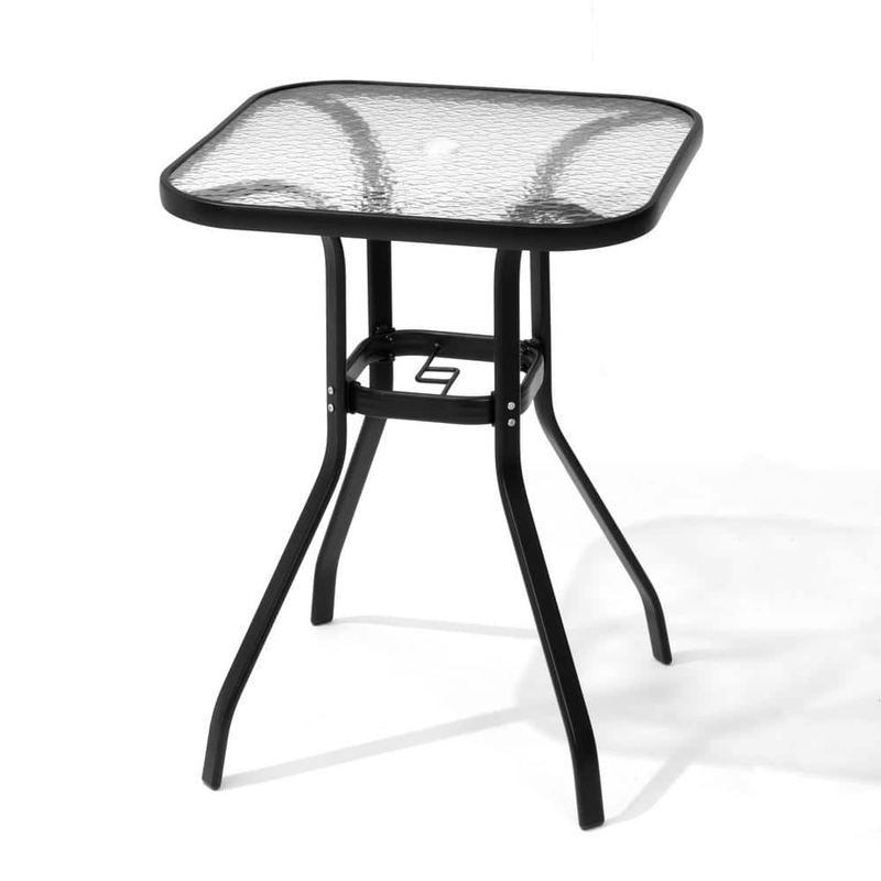 Pellebant - Black Square Aluminum Outdoor Bistro Table Tempered Glass Top with Umbrella Hole